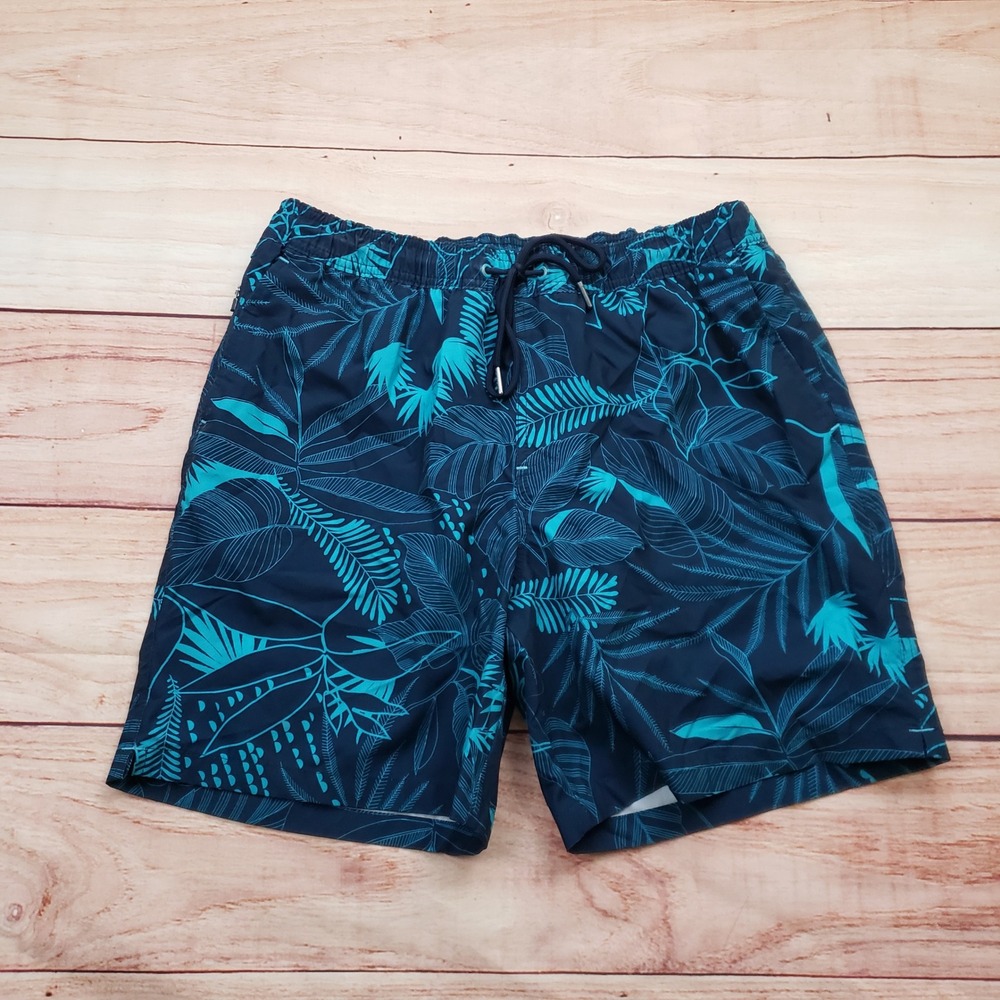 Goodfellow & Co Swim Trunks Mens Medium Blue Green Tropical Leaf‎ Print Hawaiian